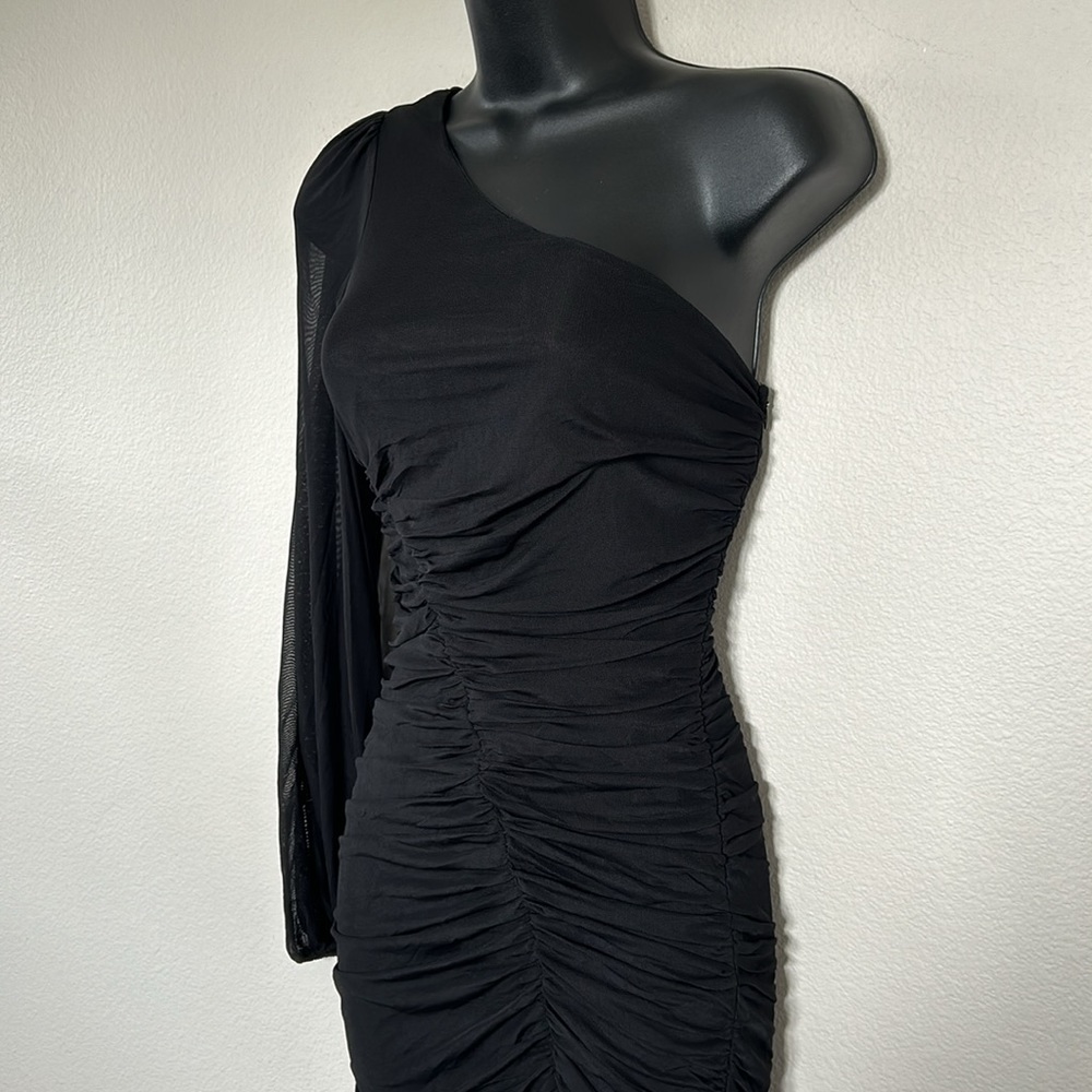 Princess Polly Dante Long Sleeve One Shoulder Ruched Mini Dress Black - Picture 6 of 12